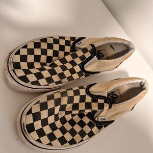 Vans Men's Black and Cream Checkered Slip-On Sneakers